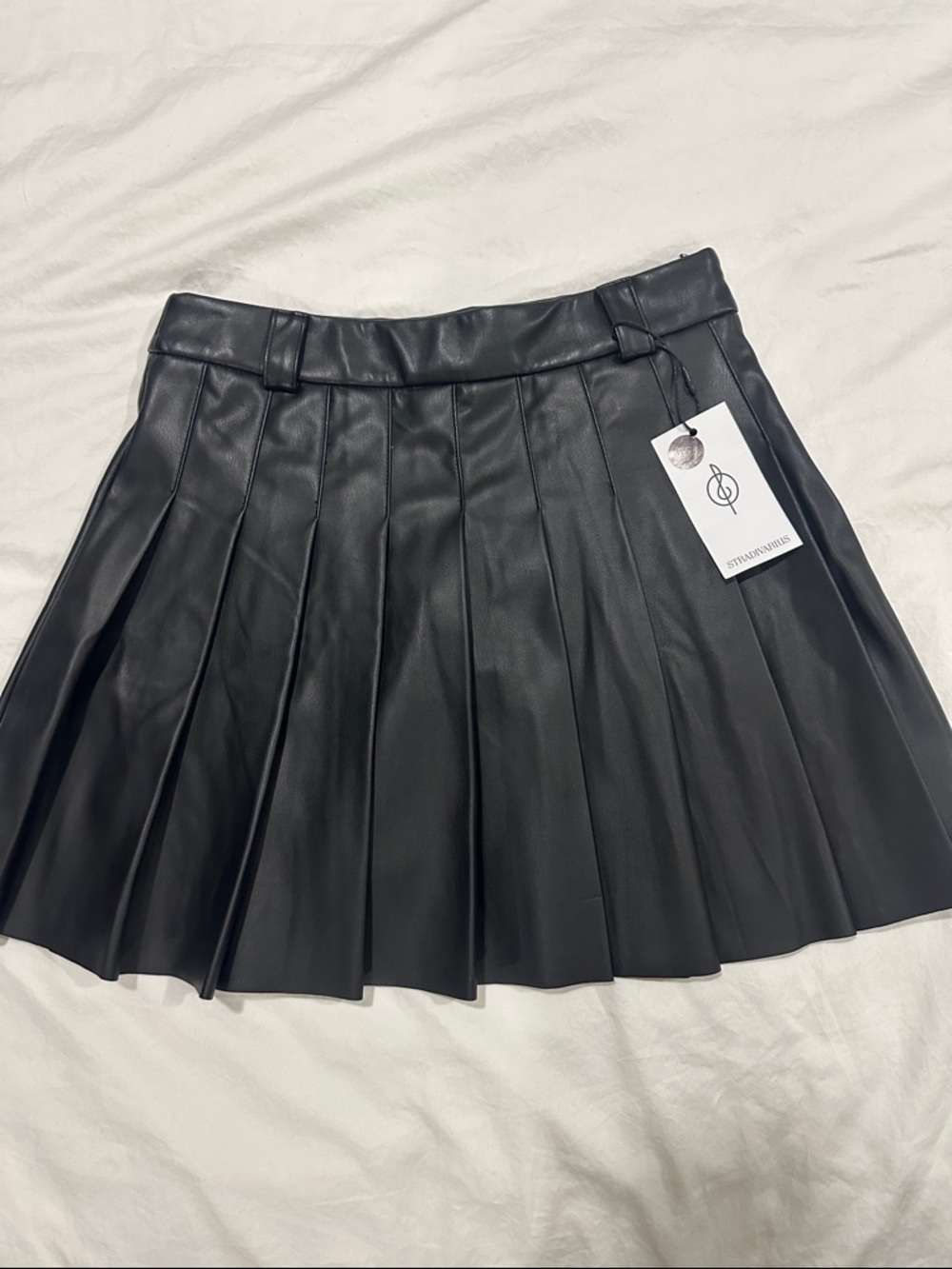 stradivarius Black Faux Leather Pleated Skater Skirt